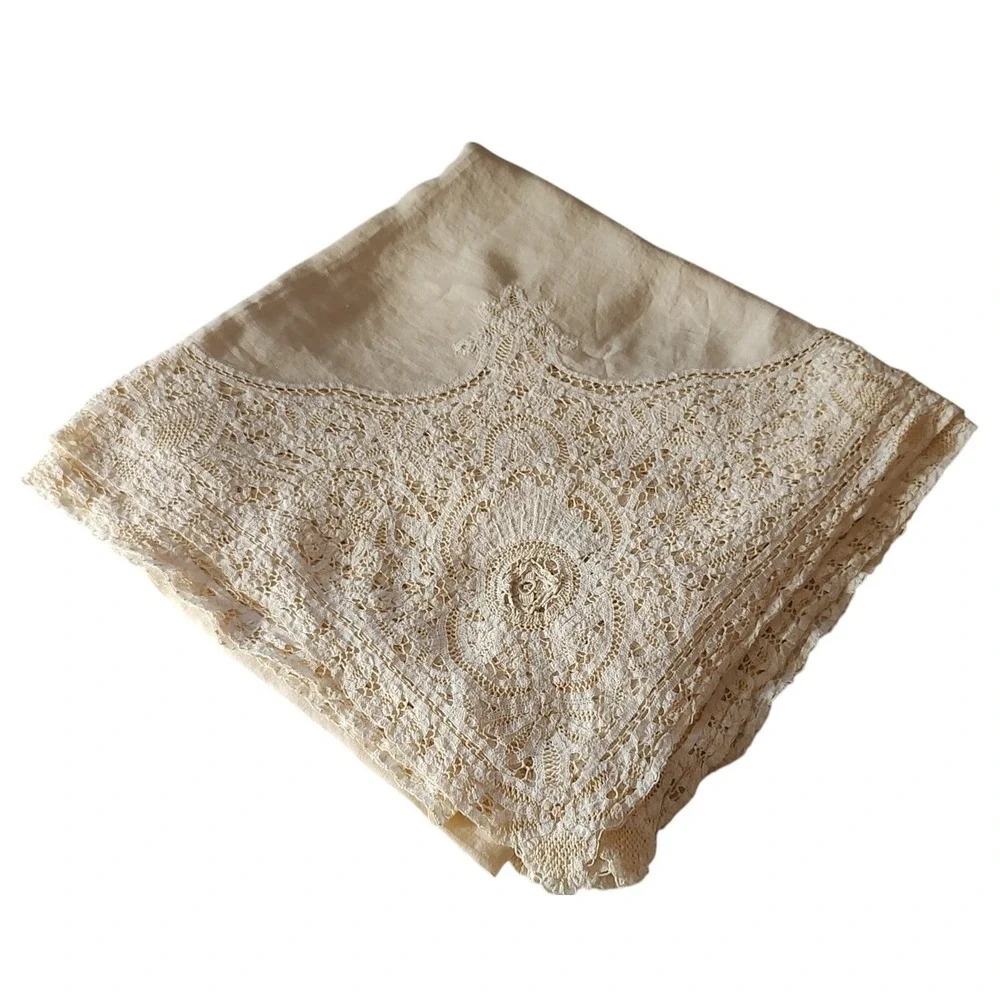 Vintage Irish Battenberg Lace Tablecloth and Six Napkins Set Cotton 56x59 Inches
